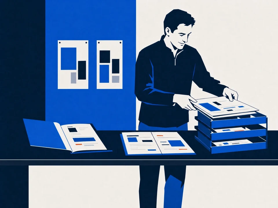 Illustration of an operator sorting positioning work into trays.