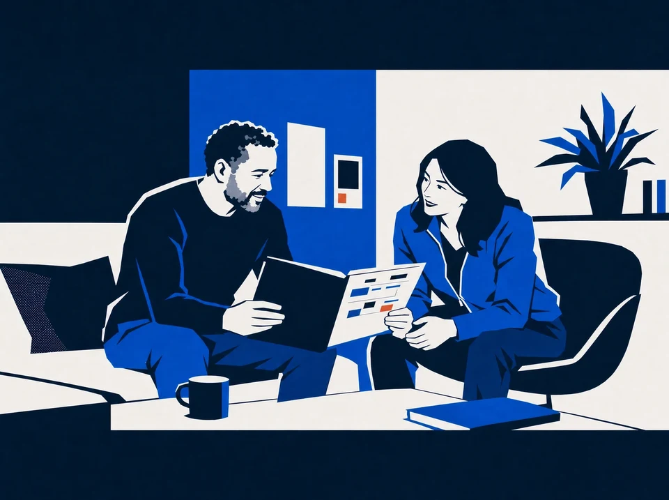 Illustration of two colleagues discussing a project folder.