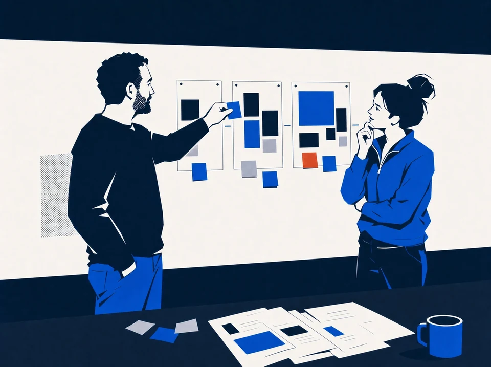 Illustration of a product lead adding interview evidence to a wall sequence beside a developer.