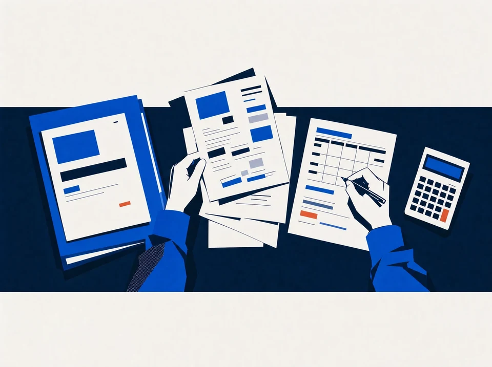 Illustration of a cost worksheet beside supporting papers and a calculator.