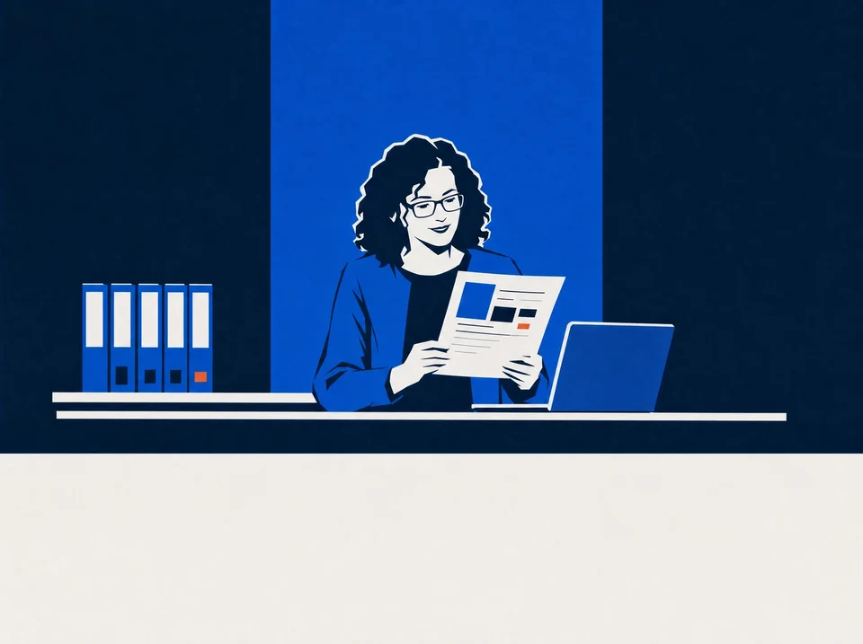 Illustration of a technical lead reviewing a brief beside a laptop and methods folders.