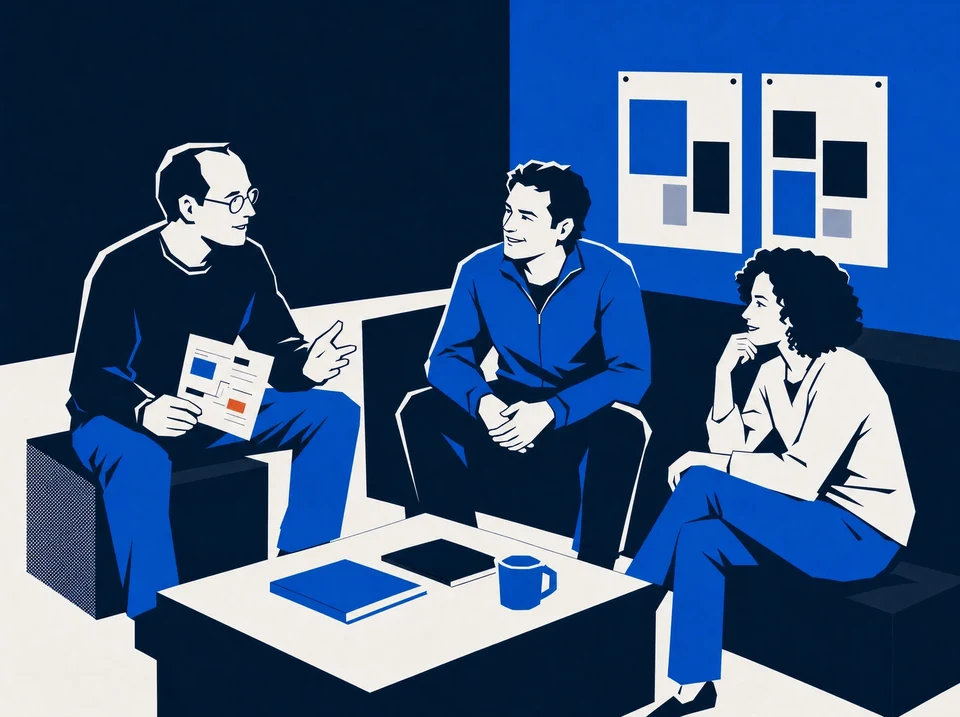 Illustration of three colleagues practicing a client pitch.