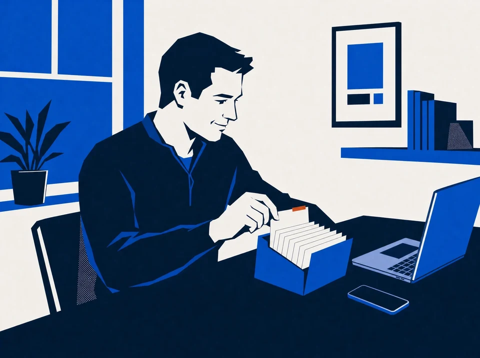 Illustration of an agency owner sorting past-client contact cards beside a laptop.