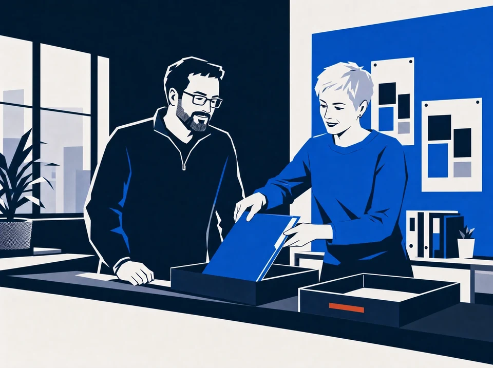 Illustration of a sales lead placing a client folder into a tray after a criteria review.
