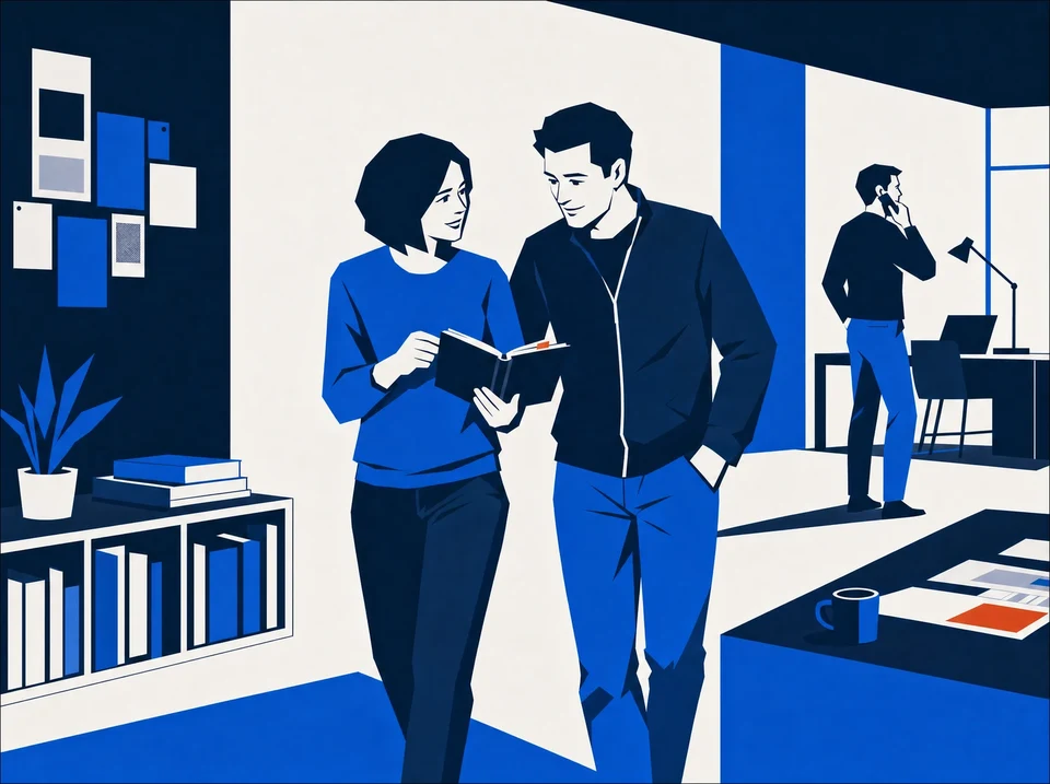 Illustration of colleagues walking with a notebook while another takes a client call.