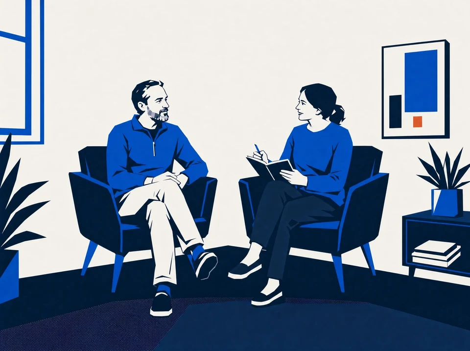 Illustration of two colleagues discussing workplace experience with an open notebook.