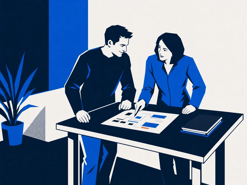Illustration of an owner discussing an outcome proposal with a client.