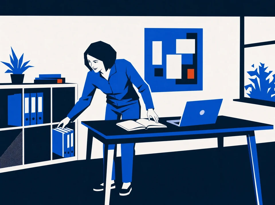 Illustration of an operator arranging client binders beside a fresh workspace.