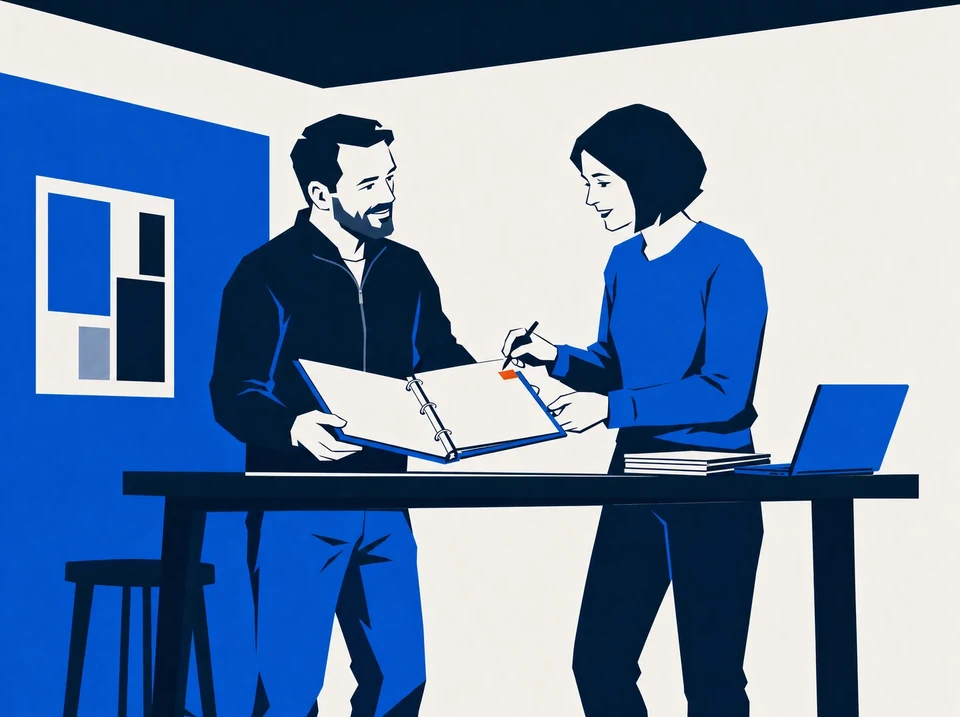 Illustration of an agency owner handing a binder of sales process sheets to a new business development hire.