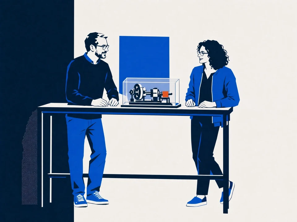 Illustration of two product operators inspecting a mechanical prototype in a clear enclosure.