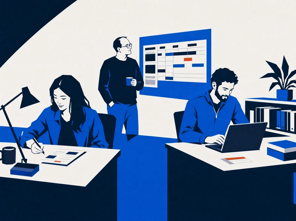 Illustration of a team at separate workstations beside a capacity schedule.