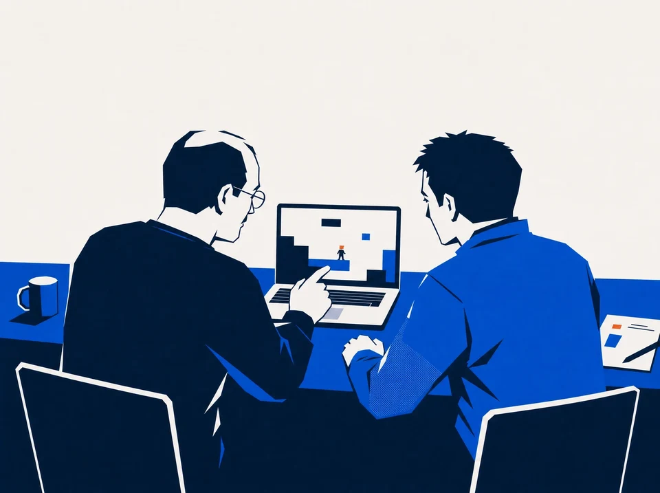 Illustration of a mentor and learner sharing a game on a laptop.