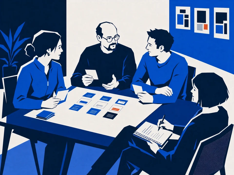 Illustration of colleagues practicing with role cards while a facilitator records observations.
