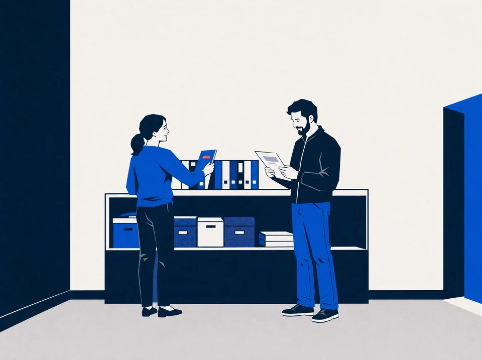 Illustration of colleagues discussing positioning beside a wall of folders.