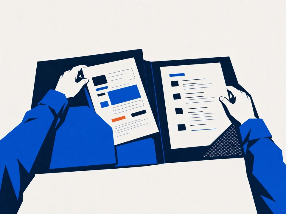 Illustration of hands reviewing a scope packet with deliverable and exclusions pages.