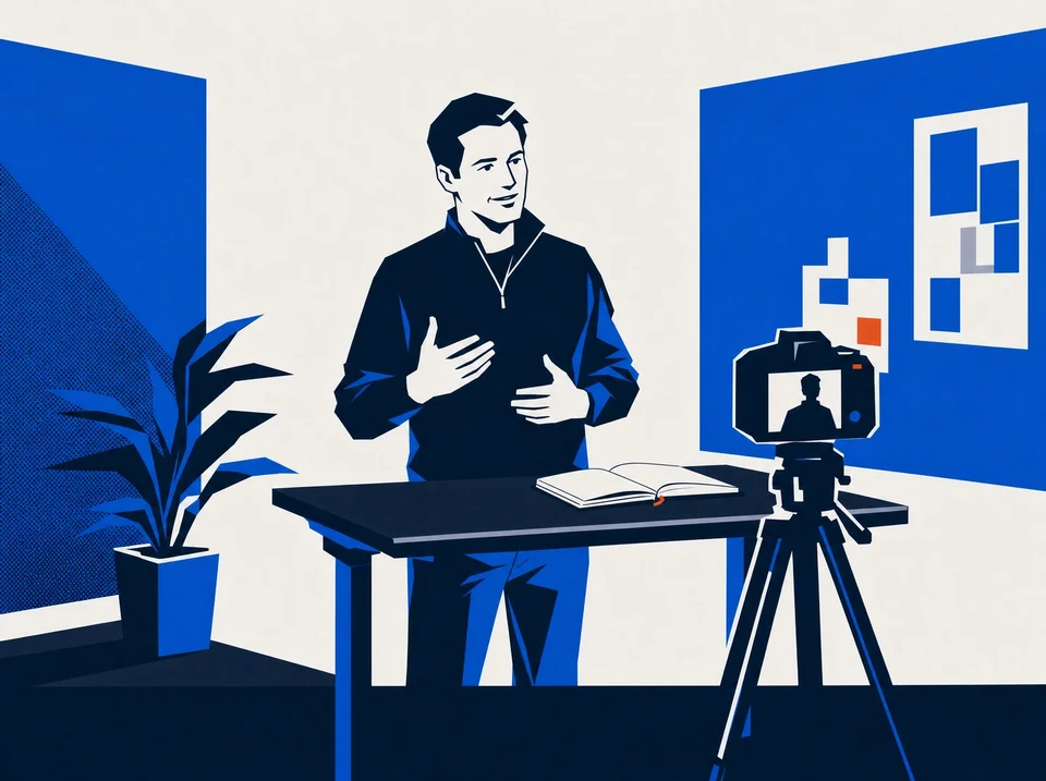 Illustration of an agency owner recording content beside an open notebook.
