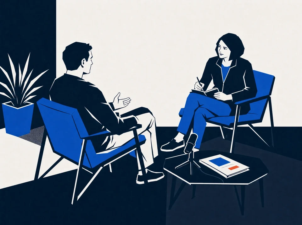 Illustration of a listening interview with a notebook and a microphone.