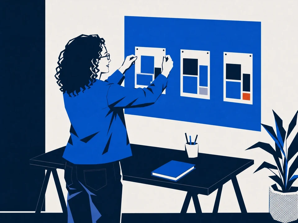 Illustration of a founder arranging work cards above a studio desk.