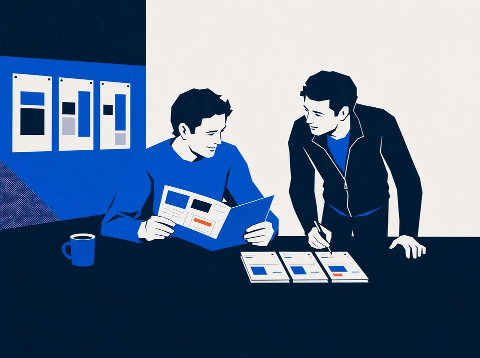 Illustration of colleagues comparing sales stages with a prospective client folder.