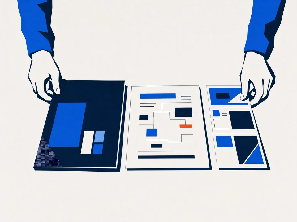 Illustration of a buyer folder beside a service plan and launch sequence.