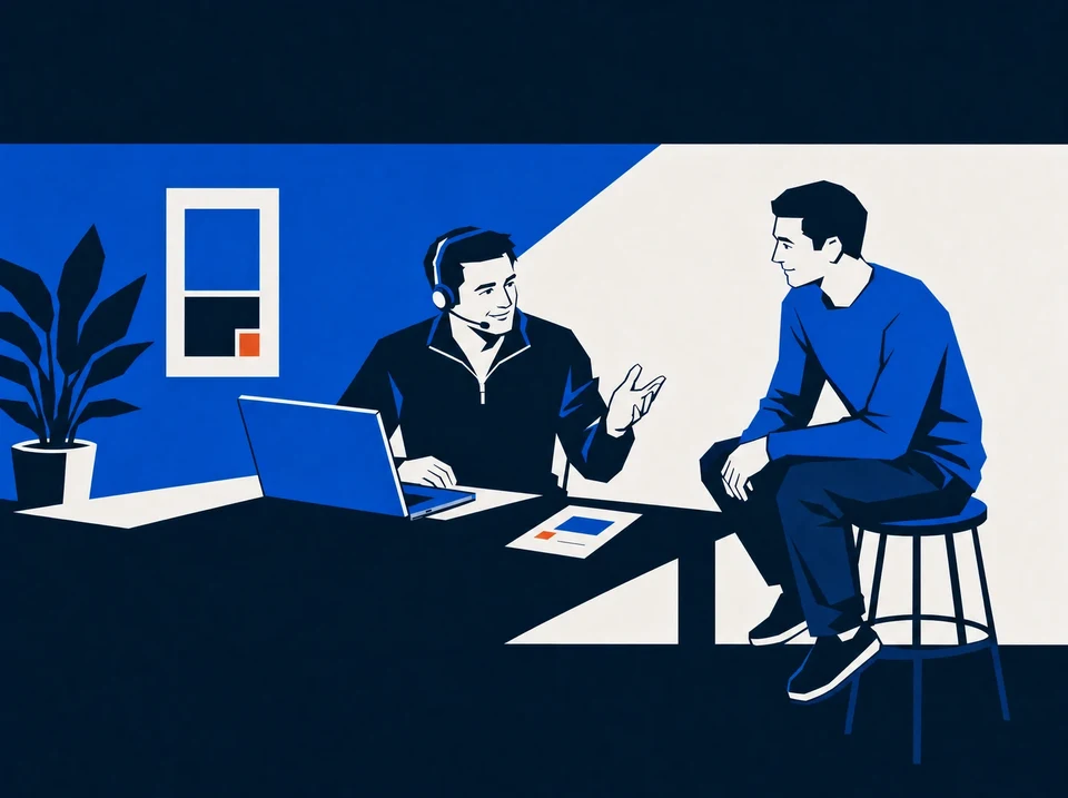Illustration of a salesperson on a call beside a colleague and a positioning card.