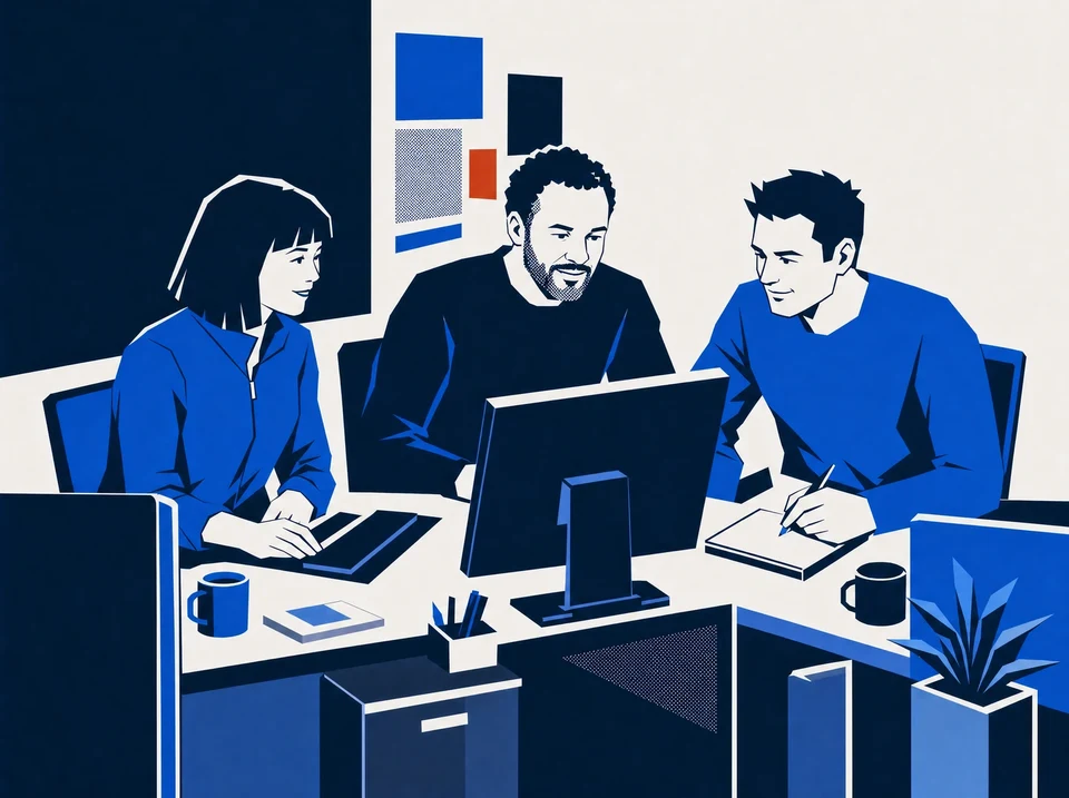 Illustration of three colleagues coordinating work at a shared client workstation.