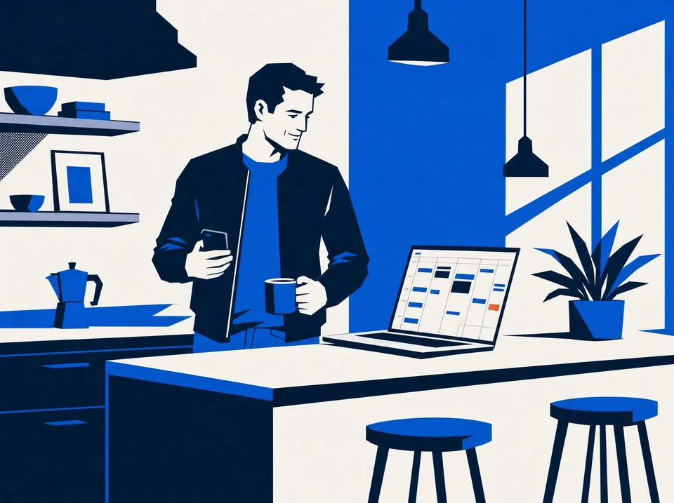 Illustration of a consulting firm owner standing at a kitchen counter with coffee and a phone, looking at a laptop calendar full of meetings.