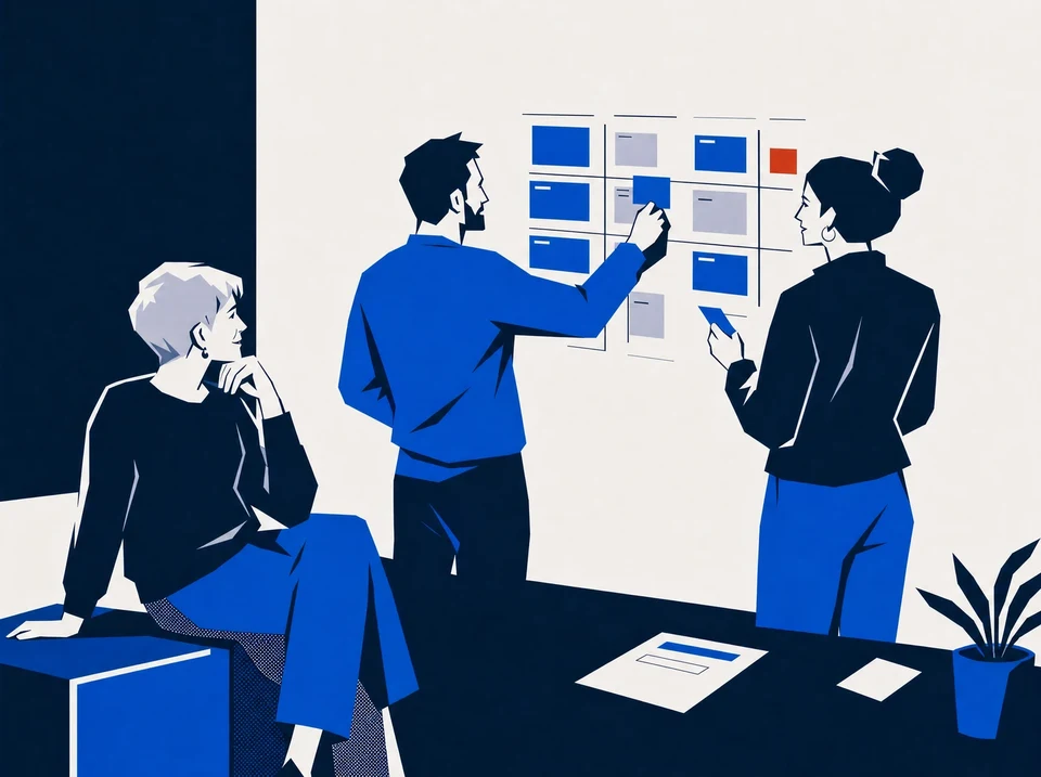 Illustration of a delivery team arranging wall cards while a consultant listens.