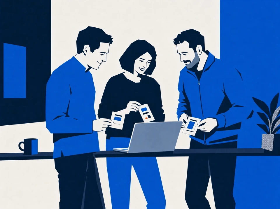 Illustration of three colleagues adding work cards around a shared laptop.