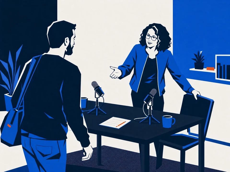 Illustration of a podcast host welcoming a guest beside two microphones.