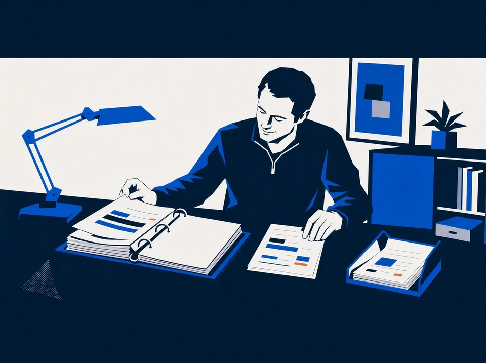Illustration of an old proposal binder beside current pages and an archive tray.
