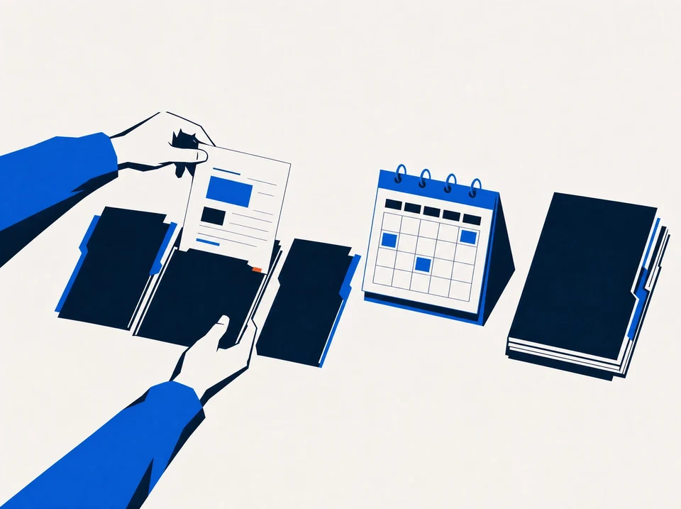 Illustration of selected follow-up folders beside a calendar and a closed stack.