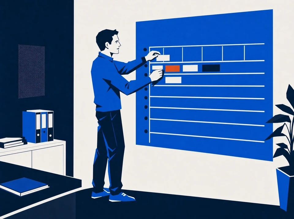 Illustration of an operations lead arranging a short task schedule.