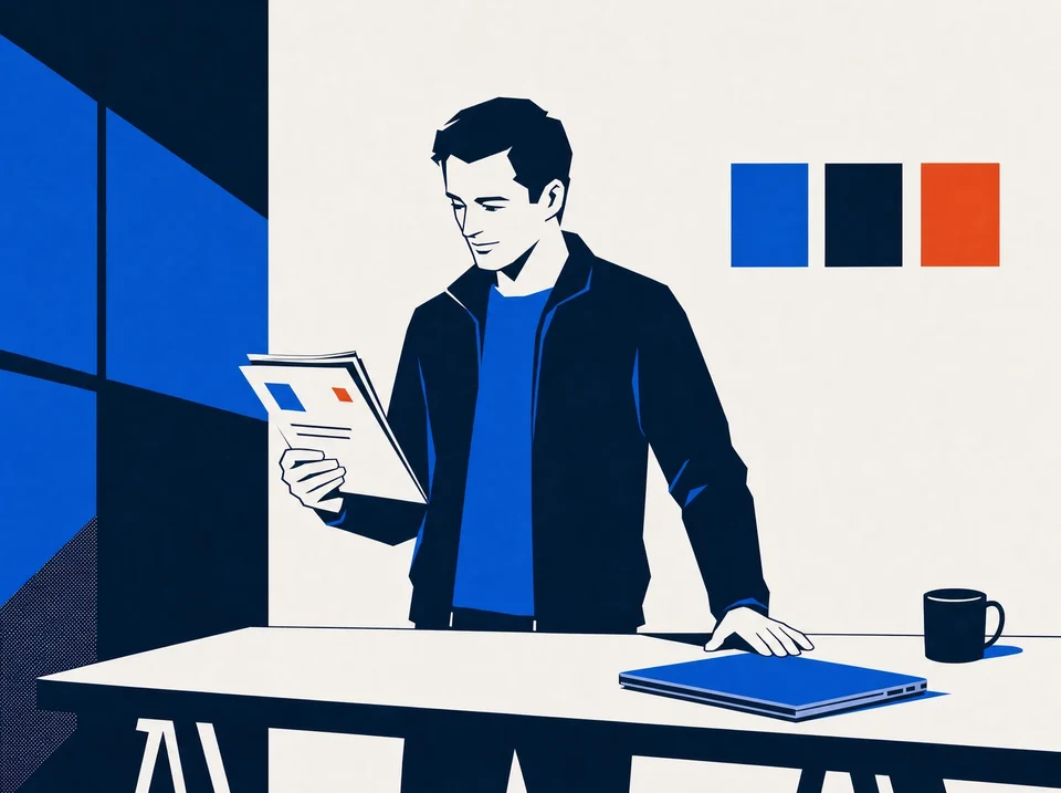 Illustration of an agency owner reading a thick RFP document beside a three-color scoring board.