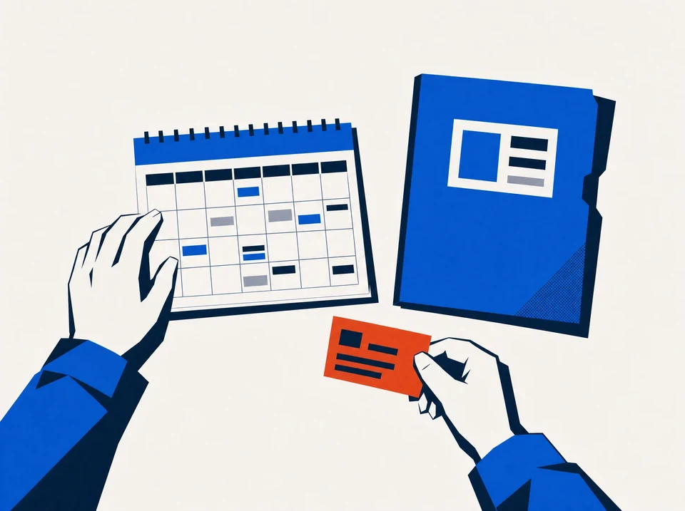 Illustration of a recurring work calendar beside a folder and a new request.