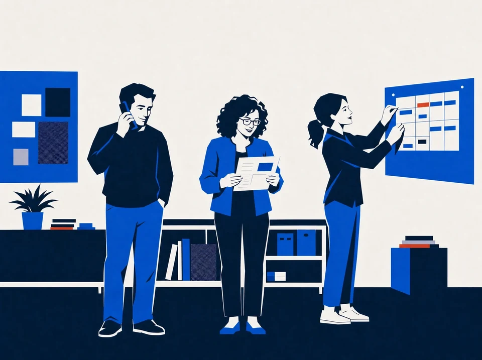 Illustration of three operators handling a call, a fact sheet and a schedule.
