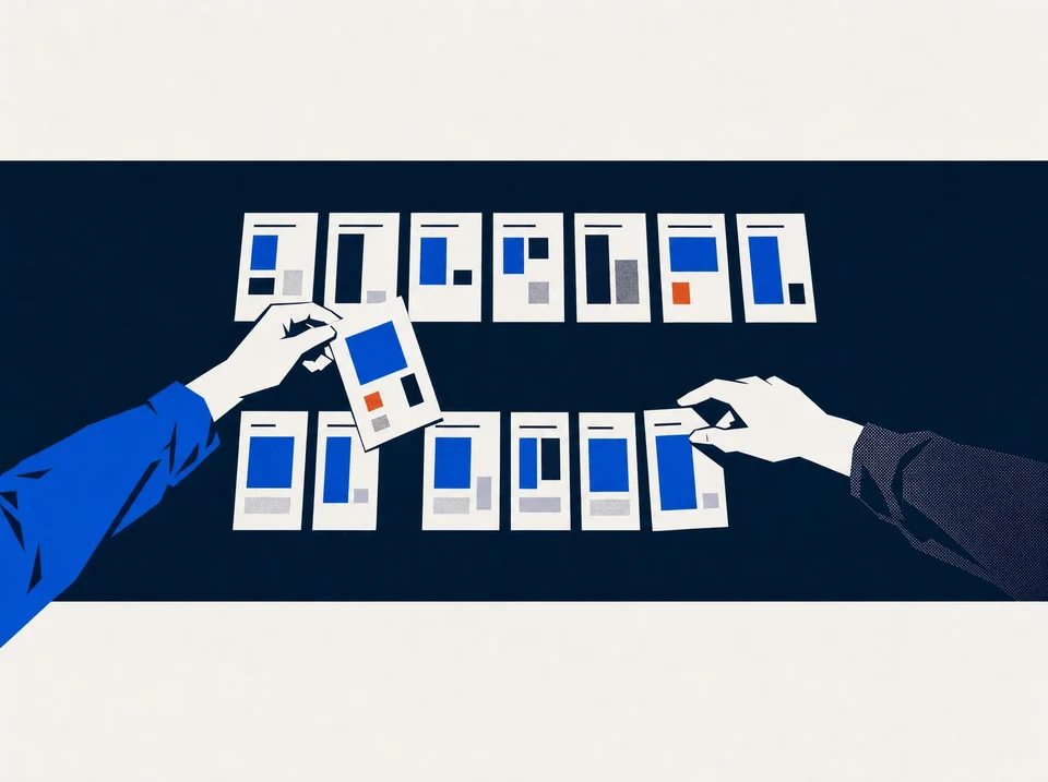 Illustration of hands arranging customer journey and internal task cards in parallel rows.