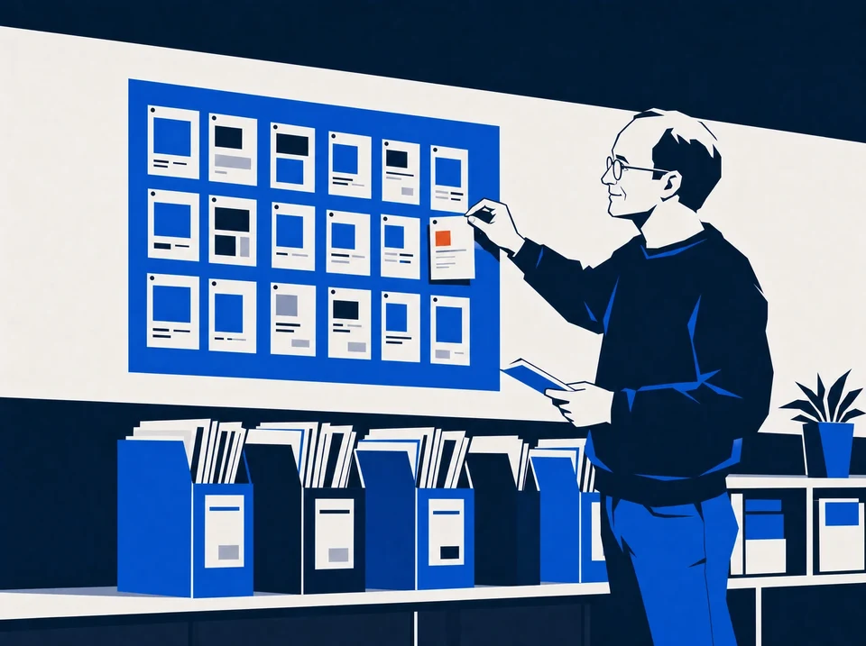 Illustration of an operator updating a publishing wall beside source folders.