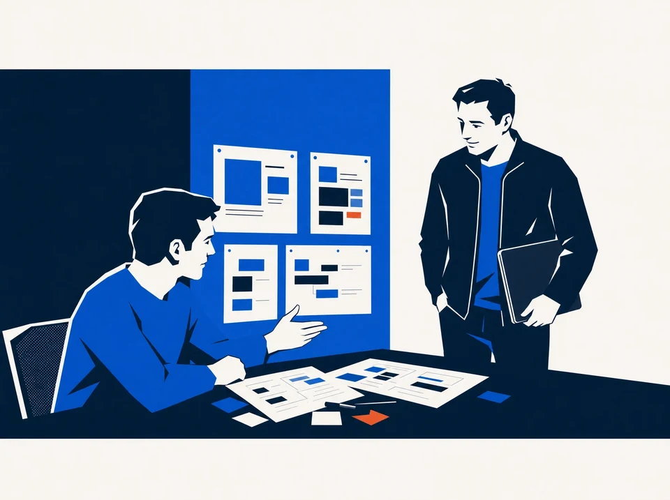 Illustration of an owner listening as a team lead directs the work.