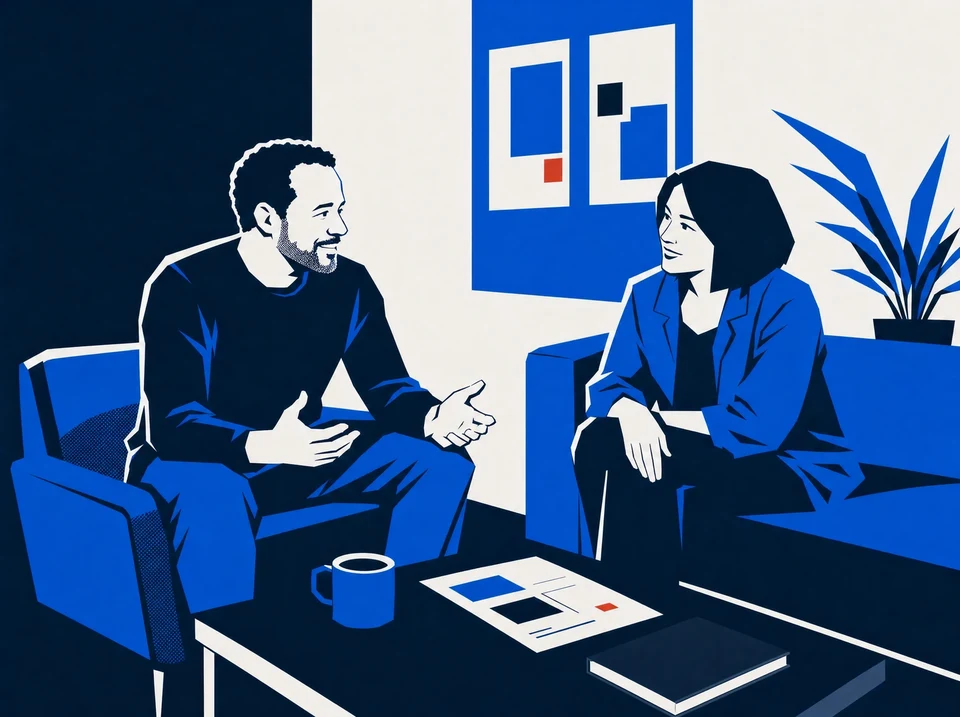 Illustration of one colleague speaking with an open hand while another listens.