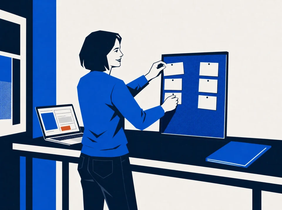 Illustration of an agency owner pinning blank research cards to a board before writing a proposal.