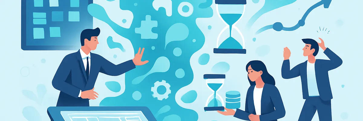 Business illustration with people in suits, hourglasses, coins, and abstract shapes, symbolizing time management and strategy planning.