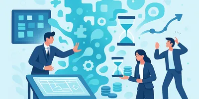 Business illustration with people in suits, hourglasses, coins, and abstract shapes, symbolizing time management and strategy planning.