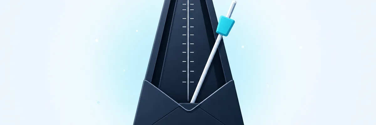 A classic black metronome with a blue pendulum stands against a light blue background.