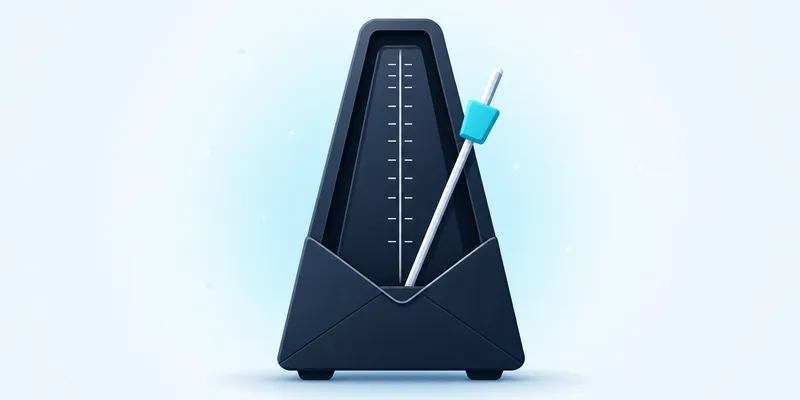 A classic black metronome with a blue pendulum stands against a light blue background.