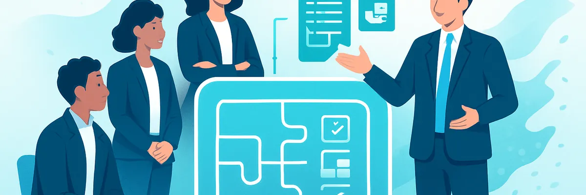 Illustration of a presenter speaking to three colleagues about a digital project with icons of data, calendar, and puzzle pieces on a screen.