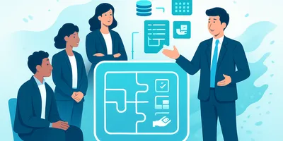 Illustration of a presenter speaking to three colleagues about a digital project with icons of data, calendar, and puzzle pieces on a screen.