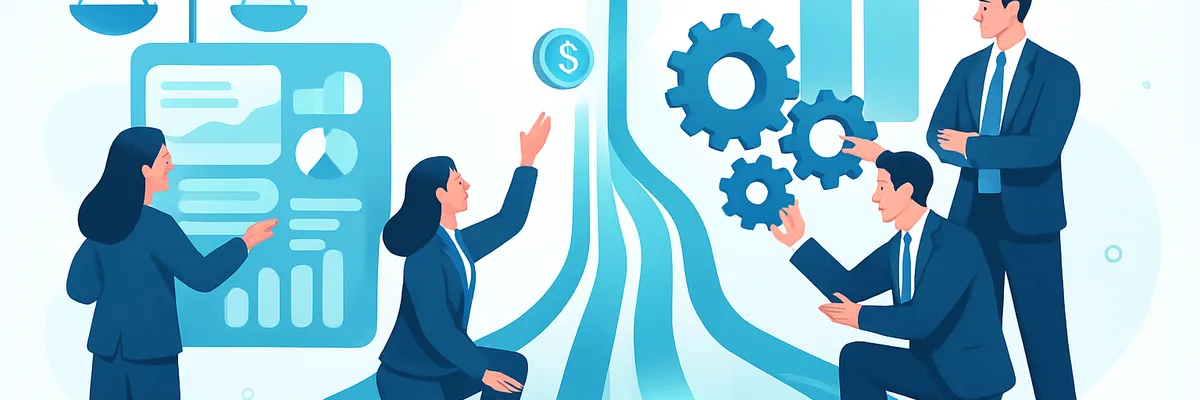 Business team collaborating with charts, gears, and currency symbols, representing growth and planning. Scales and graphs in the background.