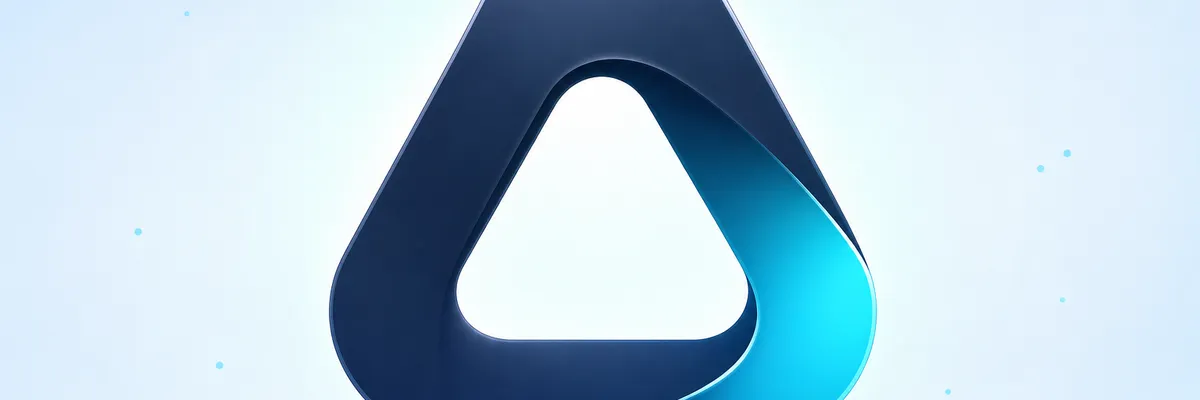 A sleek, 3D triangular logo with smooth, interconnected loops in dark blue and cyan against a soft blue background with small dots.