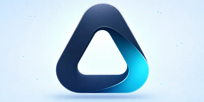 A sleek, 3D triangular logo with smooth, interconnected loops in dark blue and cyan against a soft blue background with small dots.